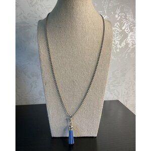 Silver Beadball Necklace With Blue Tassel Pendant